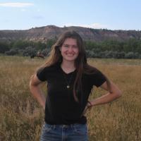 Rikki Held (woman with fair skin and long brown hair wearing a black t-shirt and blue jeans) smiles at the camera in front of a bedrock outcrop with horses in the foreground.